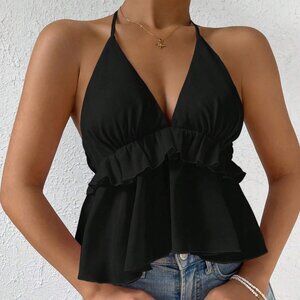 Tie Backless Ruffle Hem Halter Top